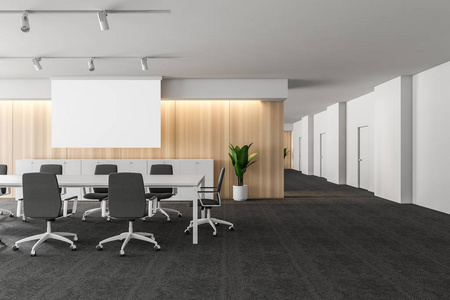空的工作流过程现代的白色空办公室内部有辩论空间.3d渲染.模型海报.