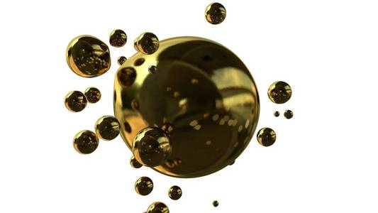 失重状态在失重,抽象,未来主义背景下的金色水滴的3d插图,综合与奢华