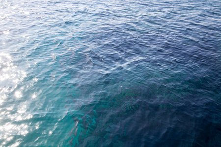 透过湛蓝的海水可以看到珊瑚礁.美丽的蓝色海浪照片特写.