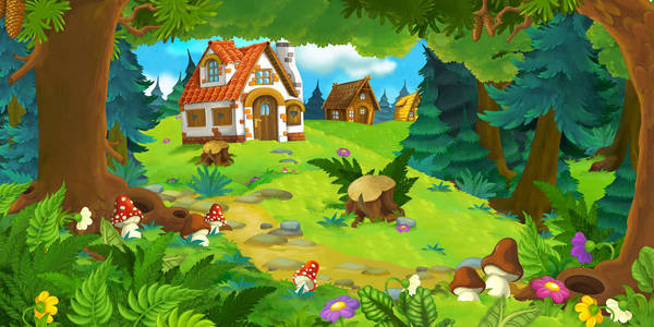 森林里美丽的乡村砖房卡通场景图片