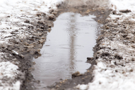 泥泞路面冬天雨水留下的水坑照片