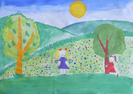 儿童绘画:春天的风景.拿着花束的小女孩在鲜花盛开的草坪上采花.照片