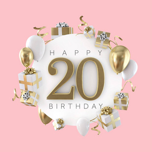 生日快乐和礼物20岁生日快乐,用气球和礼物作曲.三维渲染照片