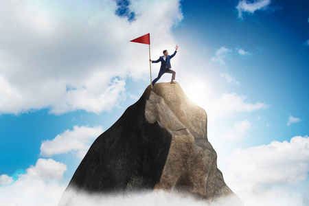 成功的概念云天城市风光山顶白旗山顶举着手登山商人去山顶矢量佛教