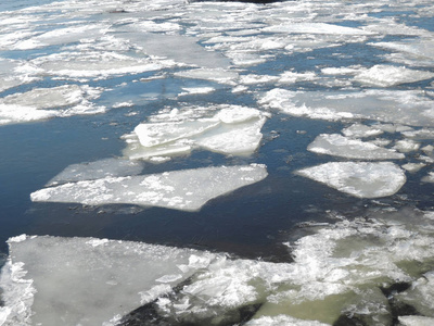冬季自然背景,春季结冰的水面上有冰块照片