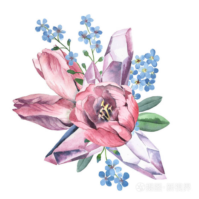 郁金香宝石水晶和勿忘我的水彩花束