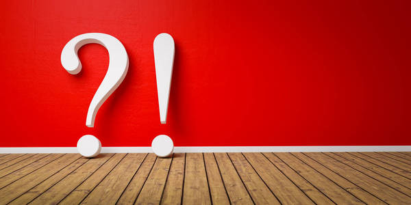 和红色问号在红色混凝土垃圾墙-常见问题解答概念-三维渲染-插图照片