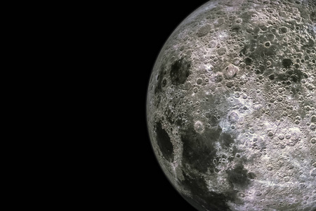 月球表面和纹理与环形山隔离在黑色背景上与复制空间.三维渲染插图.