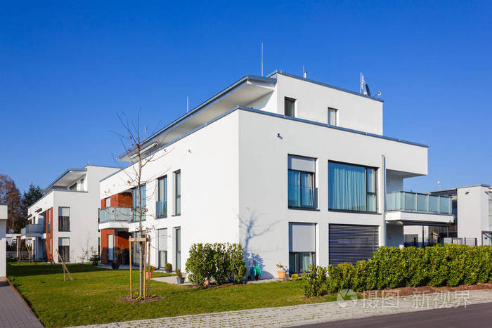 modern house building with green bushes 