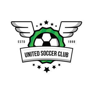 徽章足球队.球,星星,翅膀,盾牌,绿色草坪.照片