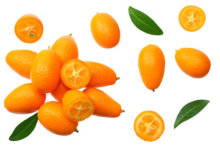 cumquat or kumquat with leaves isolated on white background.