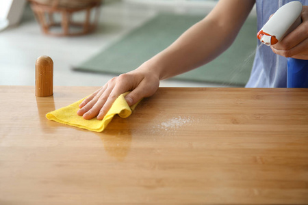 打扫房间里家具的女人照片