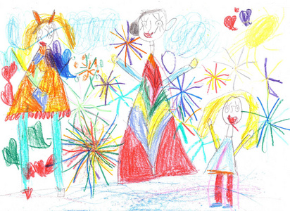 孩子画画快乐家庭看烟花照片