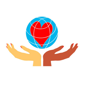 两只手,女人的手不同的花用心托住地球.照片