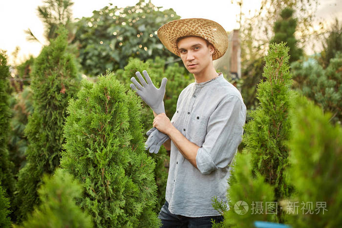 在一个温暖的阳光明媚的日子里戴着草帽的园丁把花园手套戴在手上