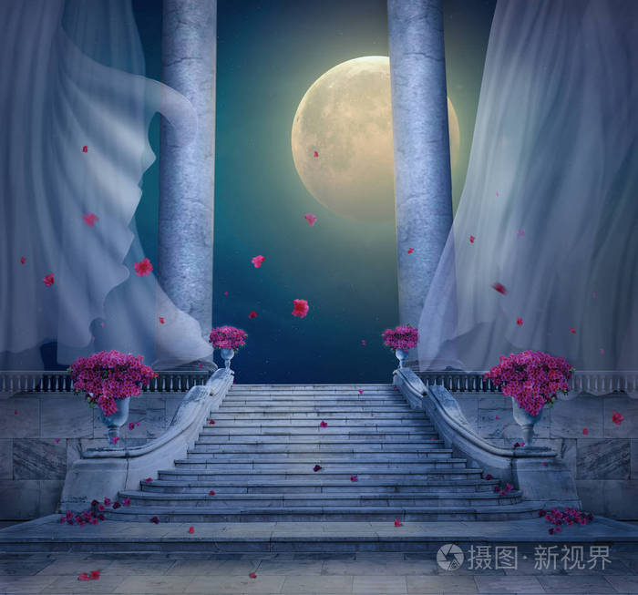 晚上有大理石楼梯的梦幻宫殿3d渲染