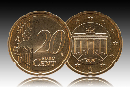 德国20欧分德国硬币,正面20和欧,背面勃兰登堡门,背景渐变照片