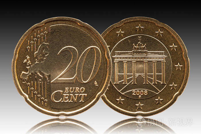 德国20欧分德国硬币正面20和欧洲背面勃兰登堡门背景渐变