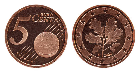 德国五欧分德国硬币,正面5和世界地球仪,背面橡树叶照片