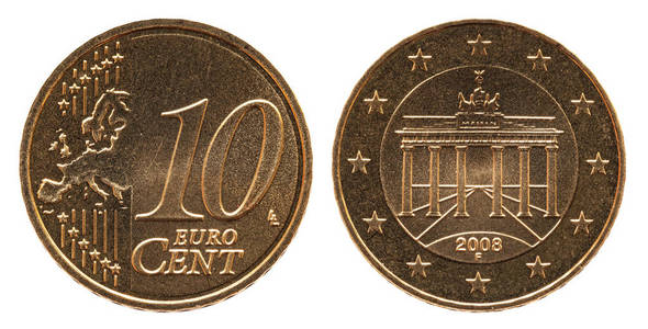 德国10欧分德国硬币,正面10欧,背面为勃兰登堡门照片