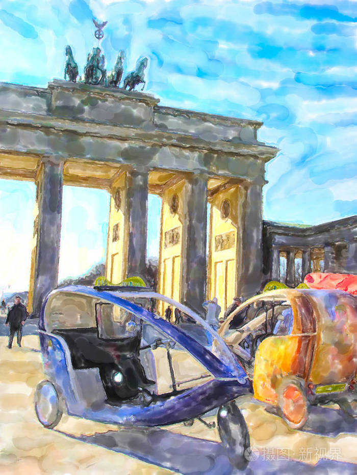 柏林勃兰登堡门水彩插图.旅游自行车