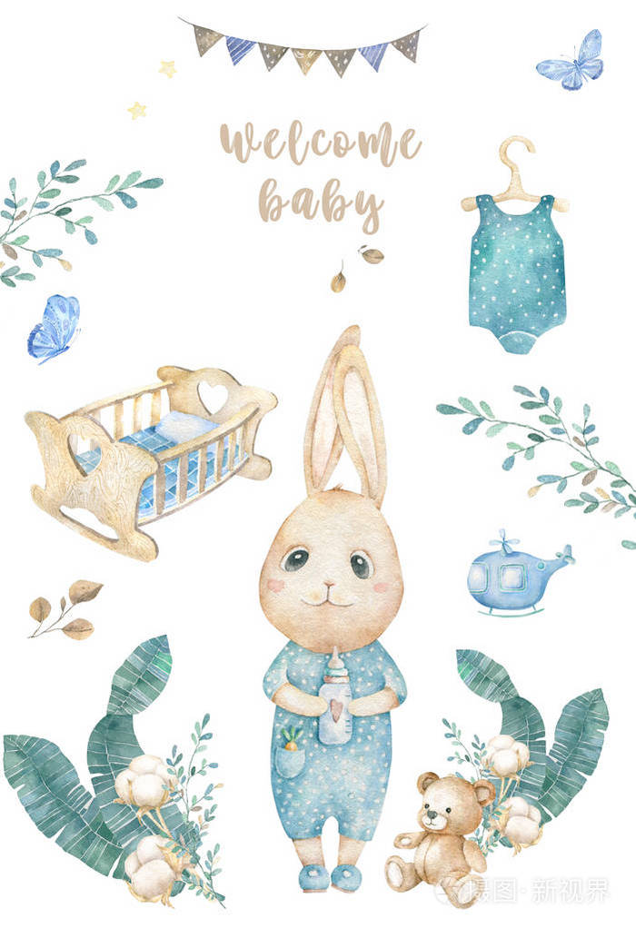 水彩画孤立可爱的水彩画兔子和玩具剪贴画.幼兔插图.婴儿海报.