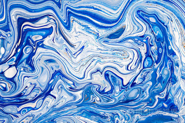 手绘背景与混合液体蓝色白色黄色涂料抽象的流体亚克力绘画适用于包装