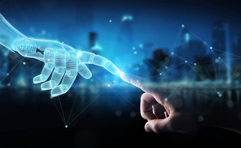 线框机器人手与人手在暗色3d渲染中的连接照片