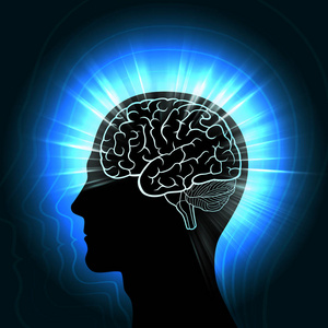 用发光的大脑轮廓和放射波,光环照亮人的头部.