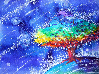繁星花彩虹树彩色彩色水彩画蓝色夜景插图照片