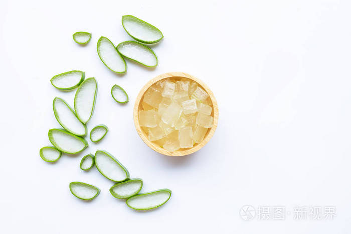 Aloe vera slices and gel on white background. 