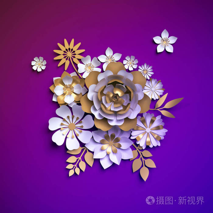 3d花束 白金纸花 植物成分 紫外线霓虹灯背景 绗缝 花卉装饰照片 正版商用图片2iad4a 摄图新视界
