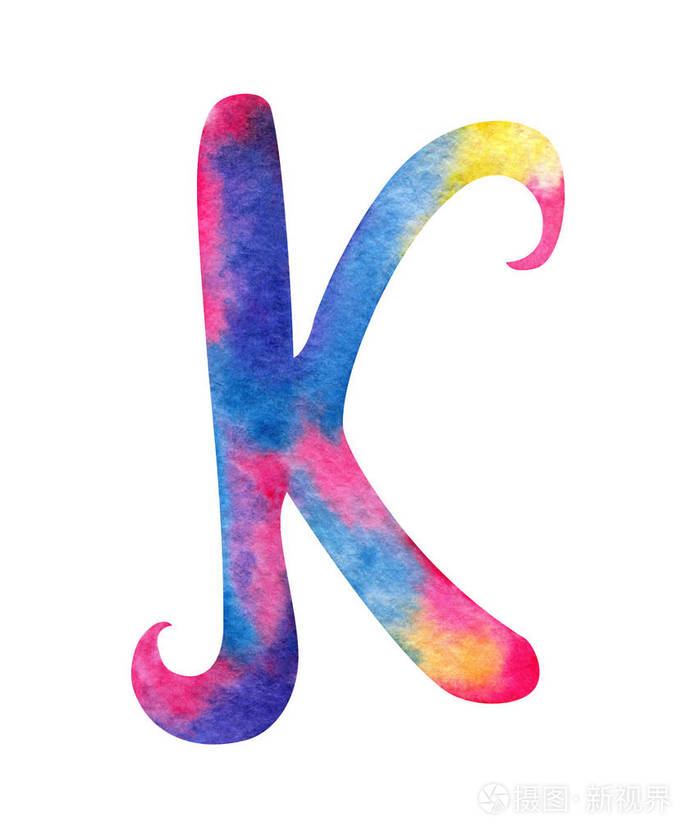 手绘水彩画英文字母kwhitgentel粉色蓝色紫色和黄色飞溅