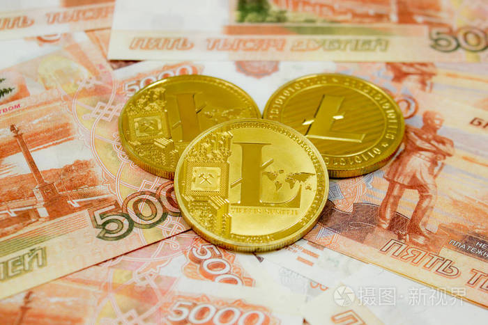 莱特币加密货币5000俄罗斯卢布纸币特写黄金ltc加密货币