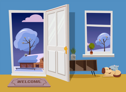 门垫子,带架子的桌子,蓝色房间里睡觉的猫和狗.平面卡通插画照片