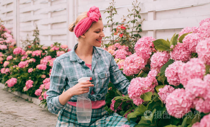 女人在花园里照料花快乐的花匠绣球花春天和夏天温室里的花鲜花护理和