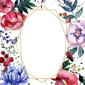 野生浆果暗边框花束植物花.水彩背景插图集.框边装饰广场.照片