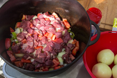 金属汤锅配汤料蔬菜和肉类图片