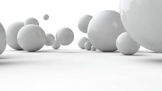 白色表面上不同大小球的3d插图.秩序,混乱和抽象的概念.