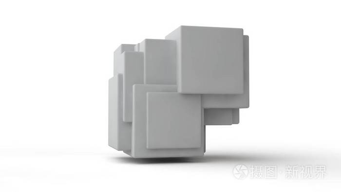 在白色隔离背景下的空间几何图形三维绘制三维立方体组兼容和融合挂在
