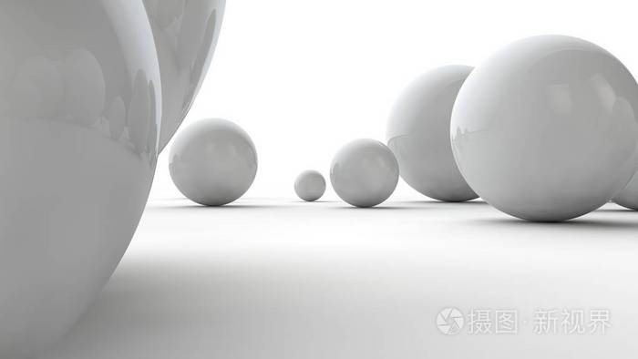 白色表面上的白色大球体和许多小球的3d插图美的概念空间几何的比较