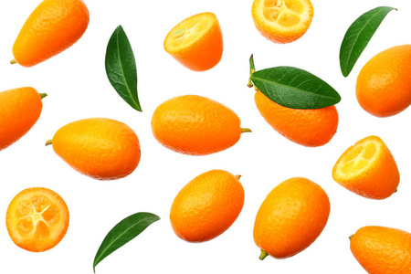cumquat or kumquat with leaves isolated on white background.