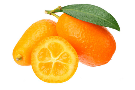 cumquat or kumquat with slices and leaves isolated on white back