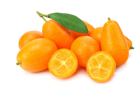kumquatcumquat or kumquat with slices and leaves isolated on