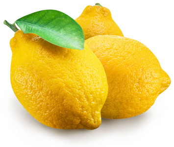 行的柠檬三个成熟的柠檬水果,白底柠檬叶.cli命令行照片