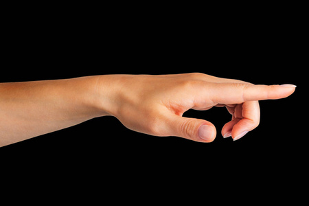 食指指向侧面的女人的手照片