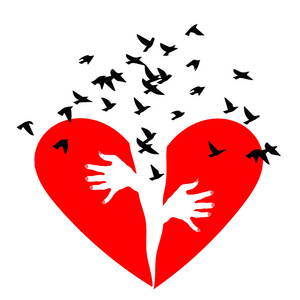 红色的心碎.鸟儿飞出破碎的心.伤心或离婚.伤心或离婚.