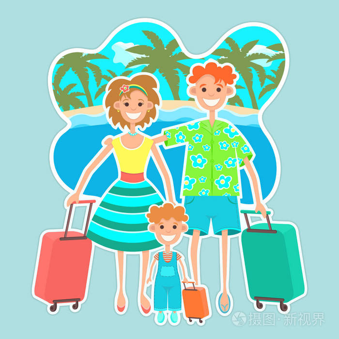 全家去度假平面彩绘贴纸卡通人物父亲母亲和孩子带着旅行箱在海滩大海