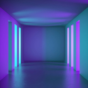 无墙家人三维渲染,抽象背景,虚拟现实空房间,紫色薄荷墙,紫外线灯,无