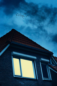 在暮色中阴暗的天空下,有灯光照明的窗户的房子.照片